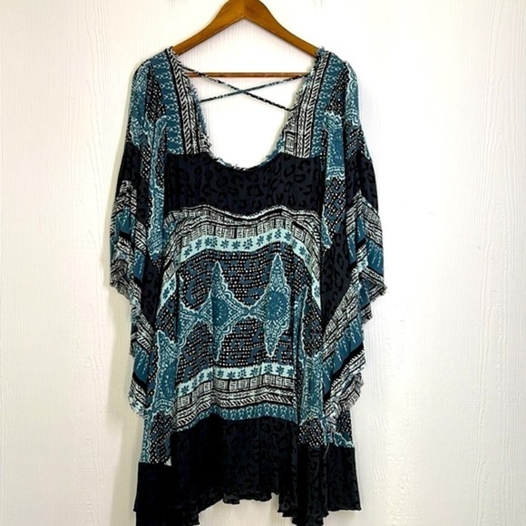 Free People - Heart Of Gold Bohemian Fit & Flare Charcoal & Teal Mini Dress SM - Picture 11 of 12